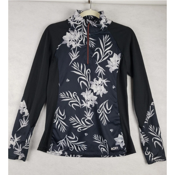 Roxy Women's Lg Long Sleeve Rash Guard Sun Shirt Black White Floral Hawaiian - Picture 1 of 4